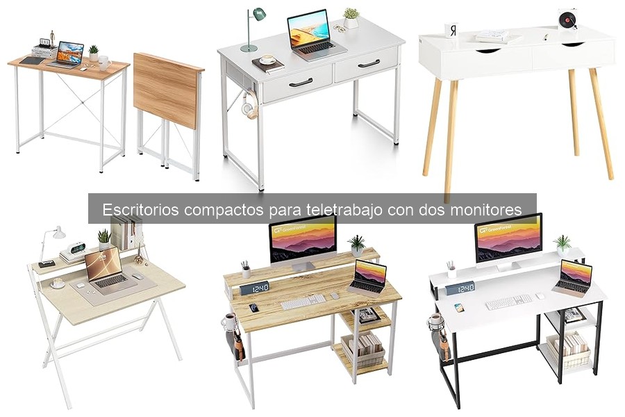 Escritorios compactos con almacenamiento para dos monitores