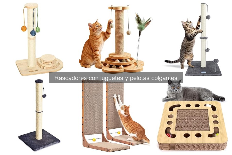 Rascadores con juguetes y pelotas colgantes para gatos